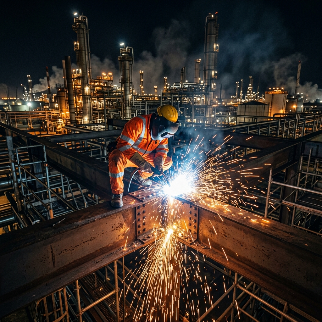 Industrial welder working on structural steel in a refinery
